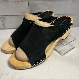 Hanna Andersson Black Suede Open Toe Wooden Clogs 38